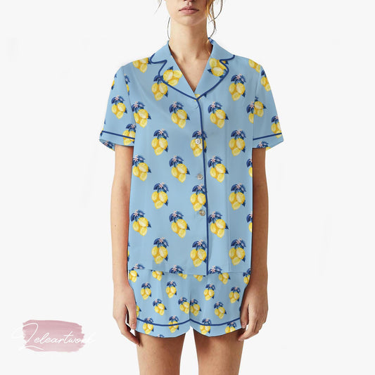 Blue Limone Fruit Pajama Set – Lemon Print Sleepwear on Sky Blue, Short Sleeve Summer Loungewear, Citrus Lover Gift