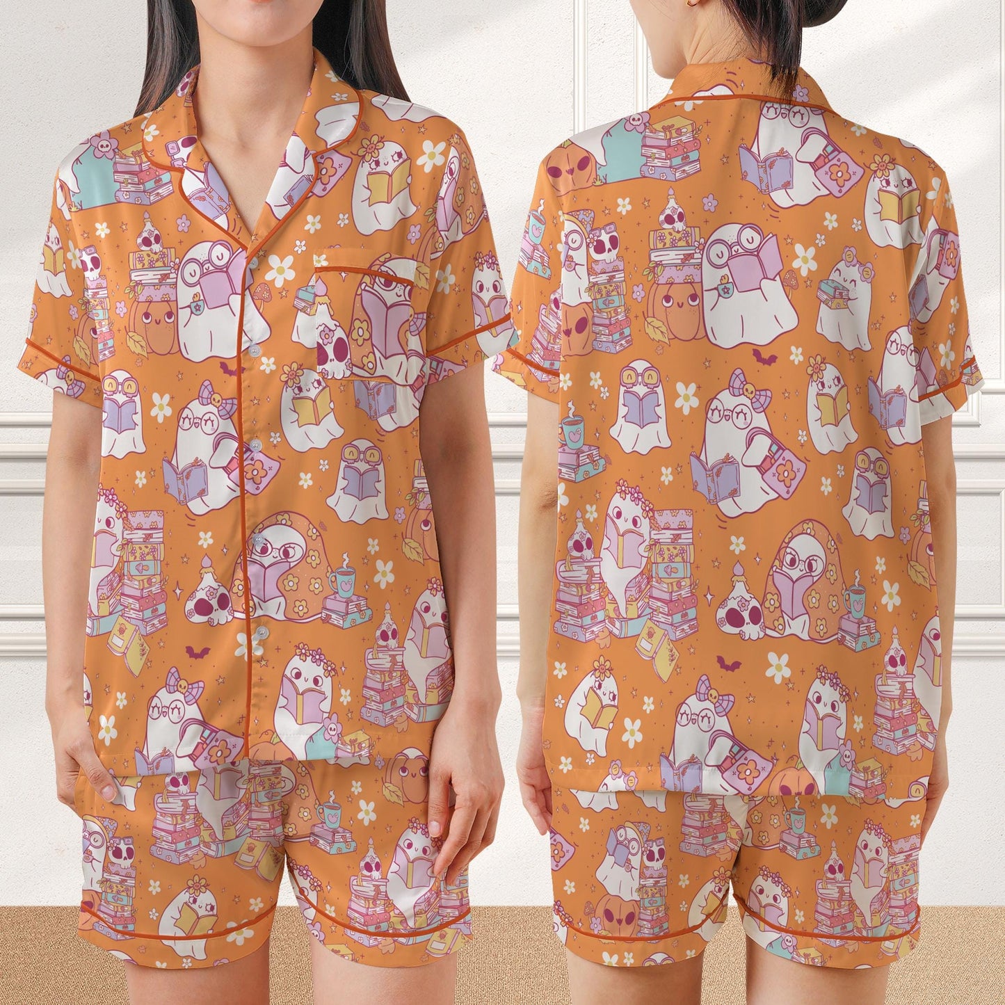 Cute Bookish Ghost Halloween Satin Pajamas, Book Lover, Reading Boo, Ghost Reading Books Halloween Pajamas, Librarian Halloween Sleepwear