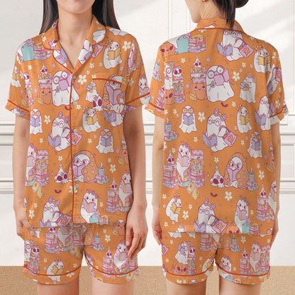 Cute Bookish Ghost Halloween Satin Pajamas, Book Lover, Reading Boo, Ghost Reading Books Halloween Pajamas, Librarian Halloween Sleepwear