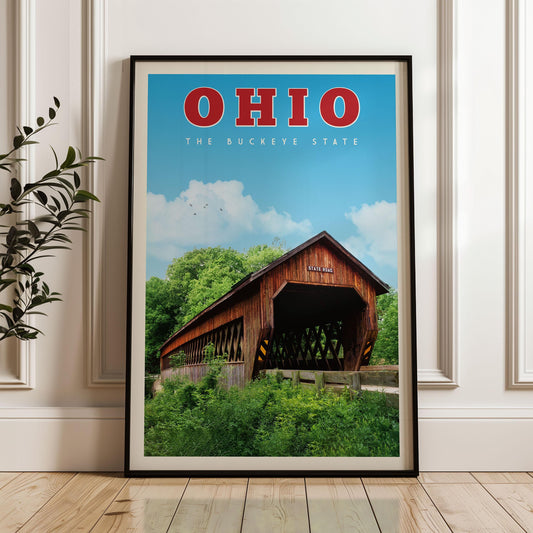 Ohio State Poster, Mid Century Ohio Art, Ohio Sign, Ohio Canvas Wall Art, Vintage Ohio Travel Print, Ohio Home Decor, Ohio Gifts, Ohio Map