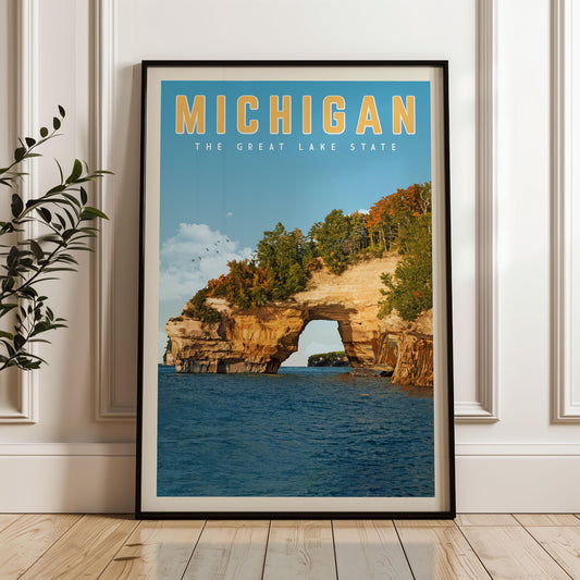 Michigan Art, Michigan Travel Poster, Michigan State Print, Lake Michigan Wall Art, Michigan Gift, Detroit Michigan Lighthouse Decor