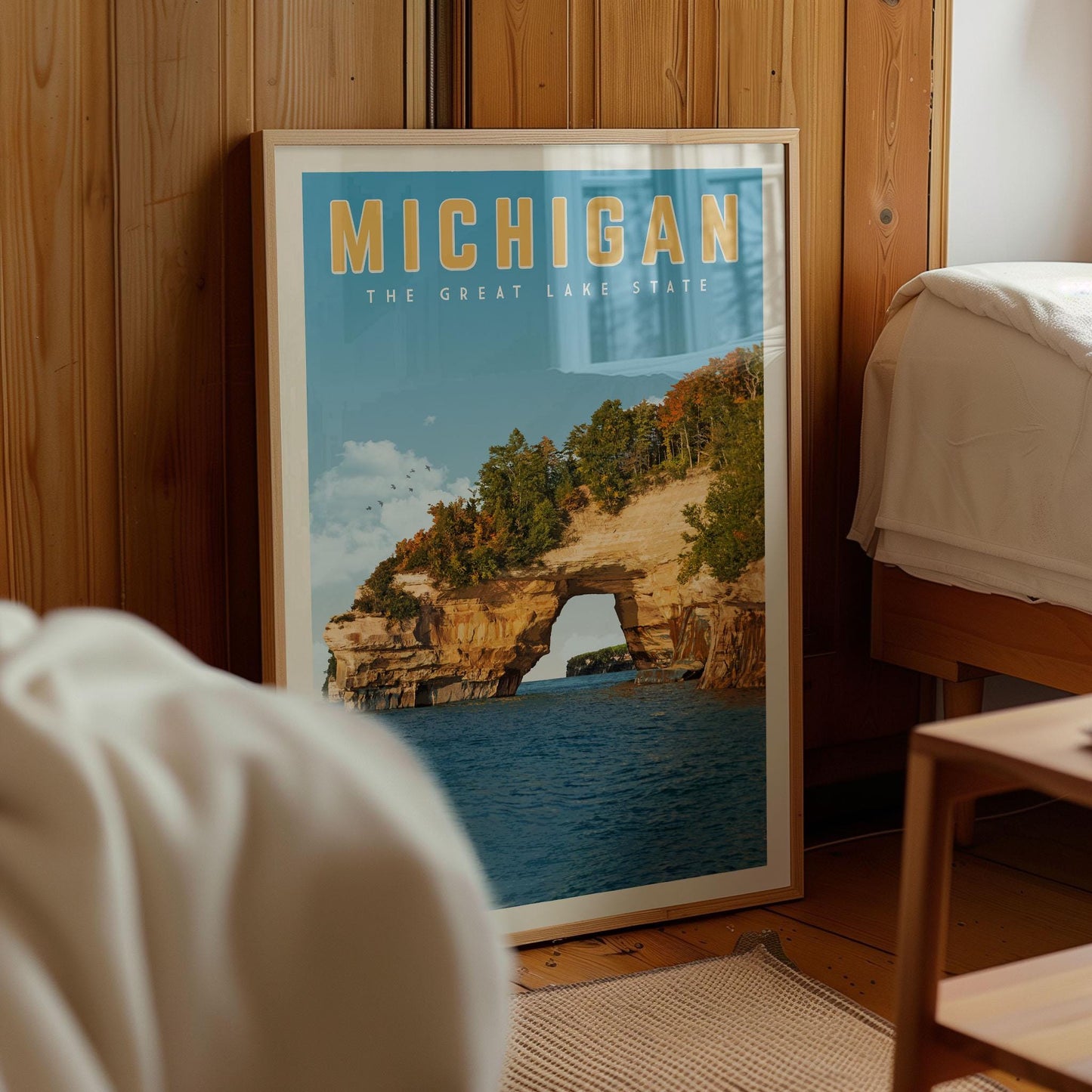 Michigan Art, Michigan Travel Poster, Michigan State Print, Lake Michigan Wall Art, Michigan Gift, Detroit Michigan Lighthouse Decor