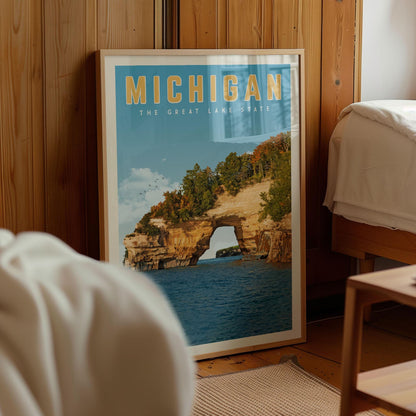 Michigan Art, Michigan Travel Poster, Michigan State Print, Lake Michigan Wall Art, Michigan Gift, Detroit Michigan Lighthouse Decor