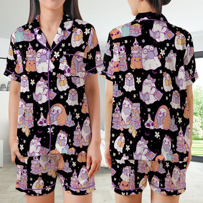 Retro Bookish Halloween Satin Pajamas Set, Cute Boo Reading Short Long Sleeve Pajama Set, Bookworm  Sleepwear, Librarian Halloween Pajamas