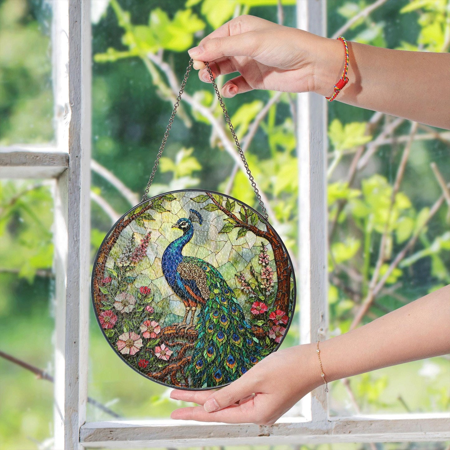 Vibrant peacock floral round stained glass suncatcher window hanging gift for Mother Day or birthday