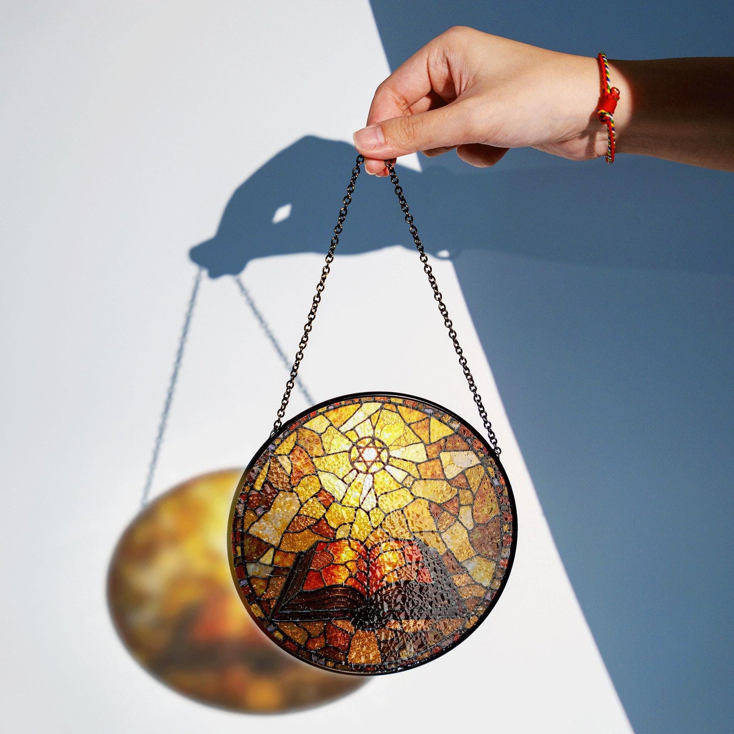 Glowing bible and radiant cross suncatcher round stained glass style christian window gift