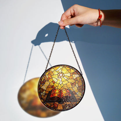 Glowing bible and radiant cross suncatcher round stained glass style christian window gift