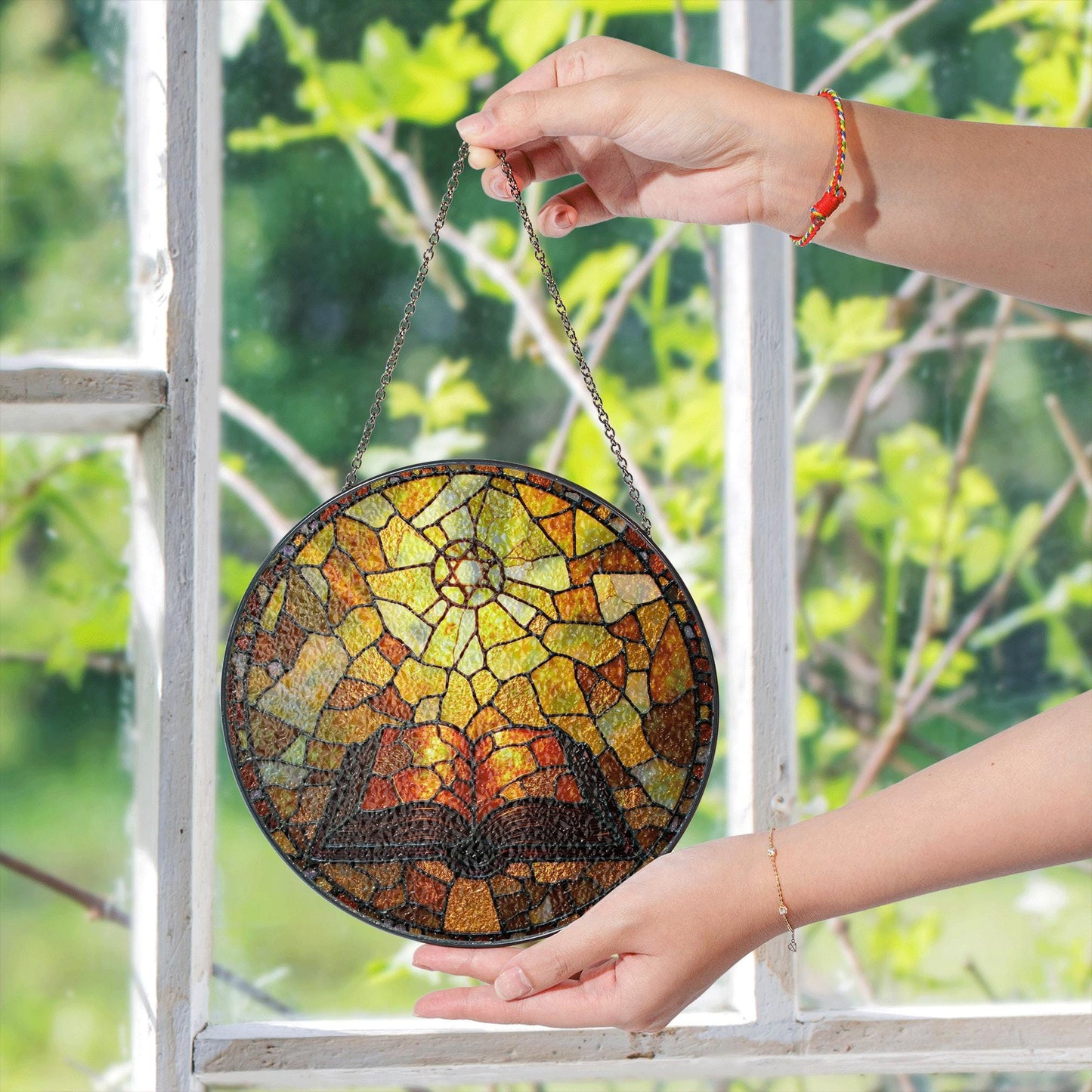 Glowing bible and radiant cross suncatcher round stained glass style christian window gift