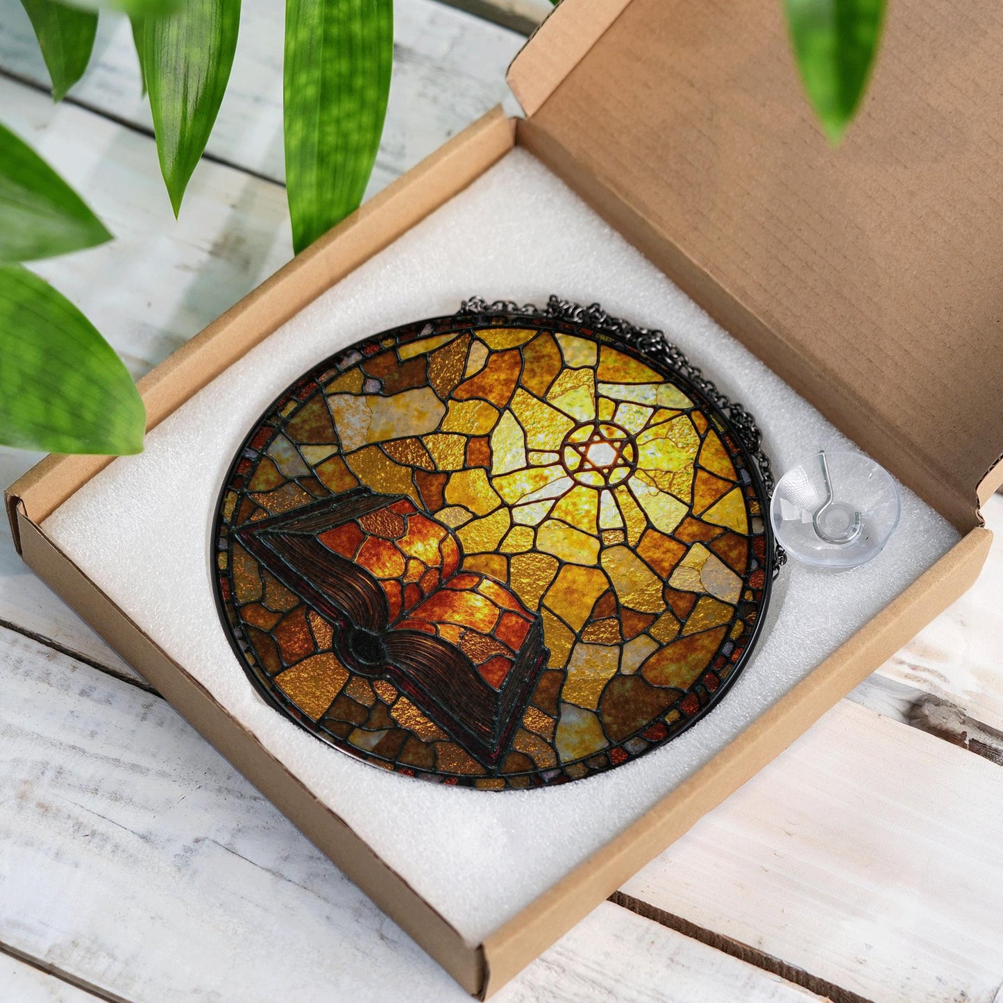 Glowing bible and radiant cross suncatcher round stained glass style christian window gift