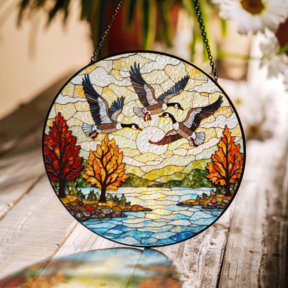 Flying geese autumn lake scene round suncatcher window decor fall glass gift for dad