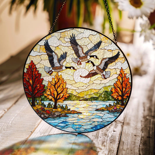 Flying geese autumn lake scene round suncatcher window decor fall glass gift for dad