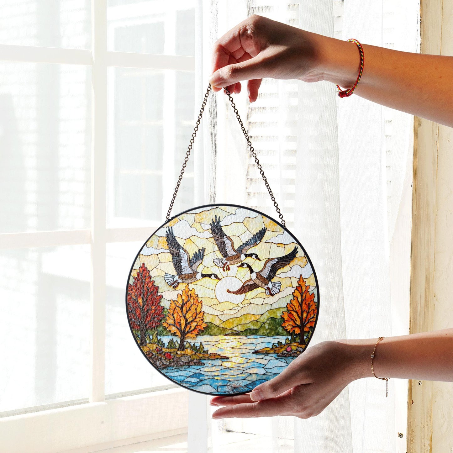 Flying geese autumn lake scene round suncatcher window decor fall glass gift for dad