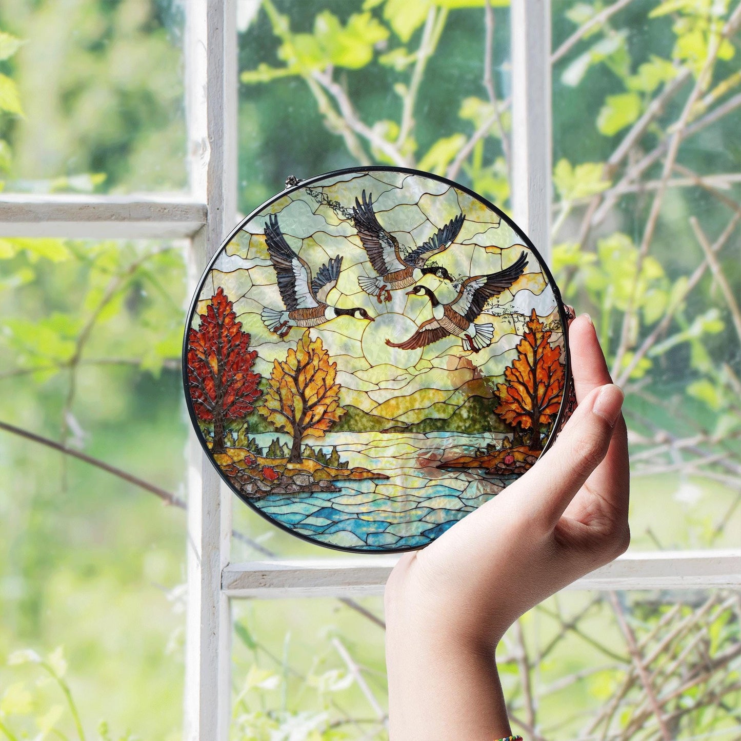 Flying geese autumn lake scene round suncatcher window decor fall glass gift for dad