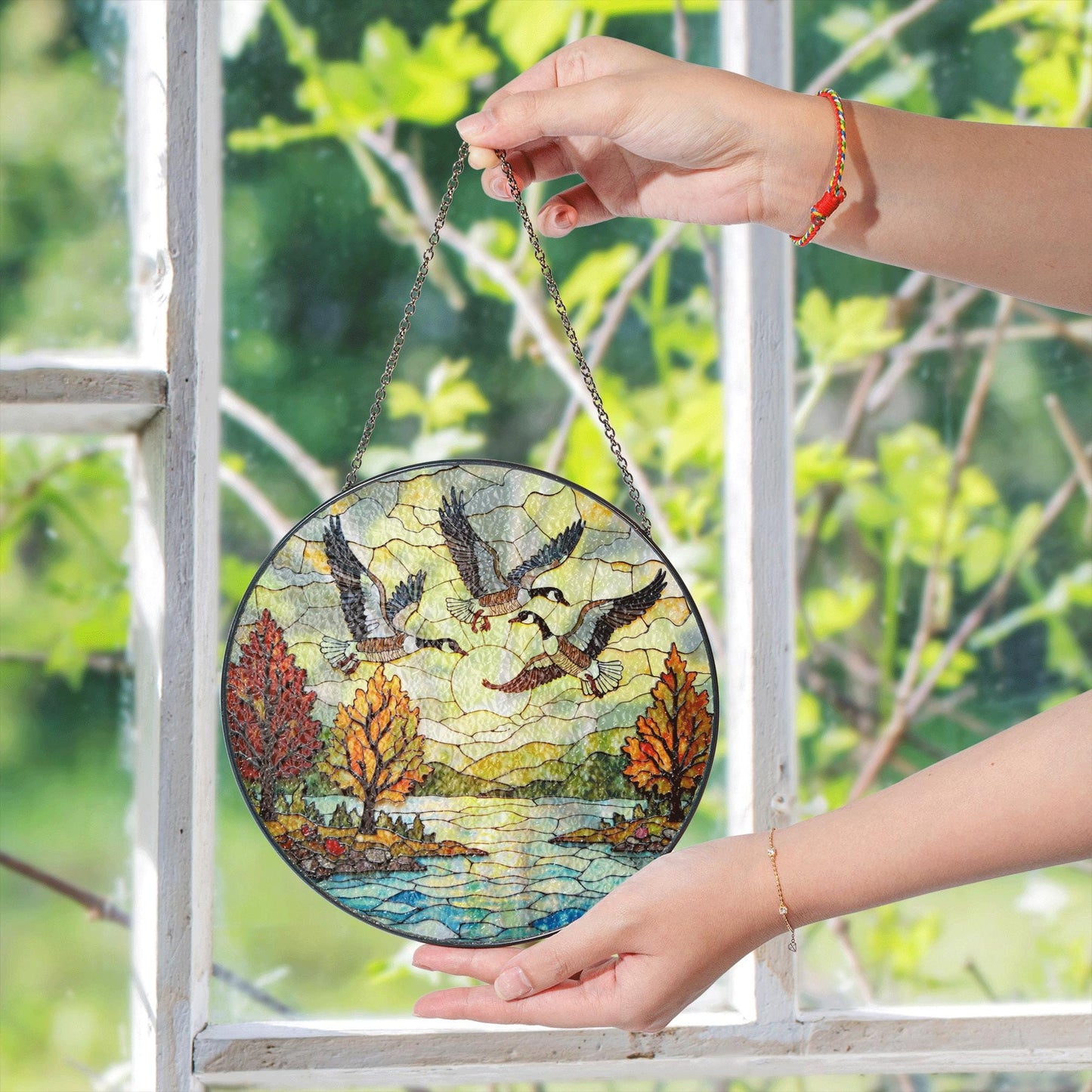 Flying geese autumn lake scene round suncatcher window decor fall glass gift for dad