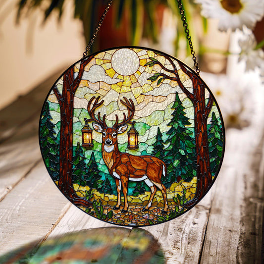 Majestic deer forest stained glass round suncatcher woodland decor Christmas gift for nature lover