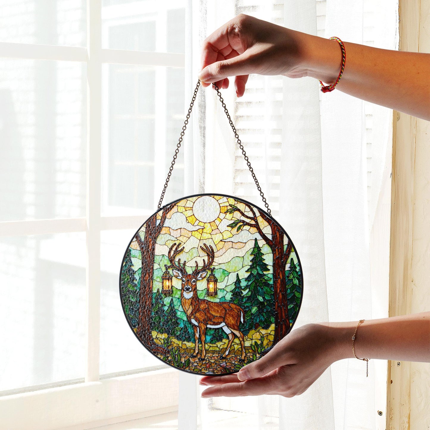 Majestic deer forest stained glass round suncatcher woodland decor Christmas gift for nature lover
