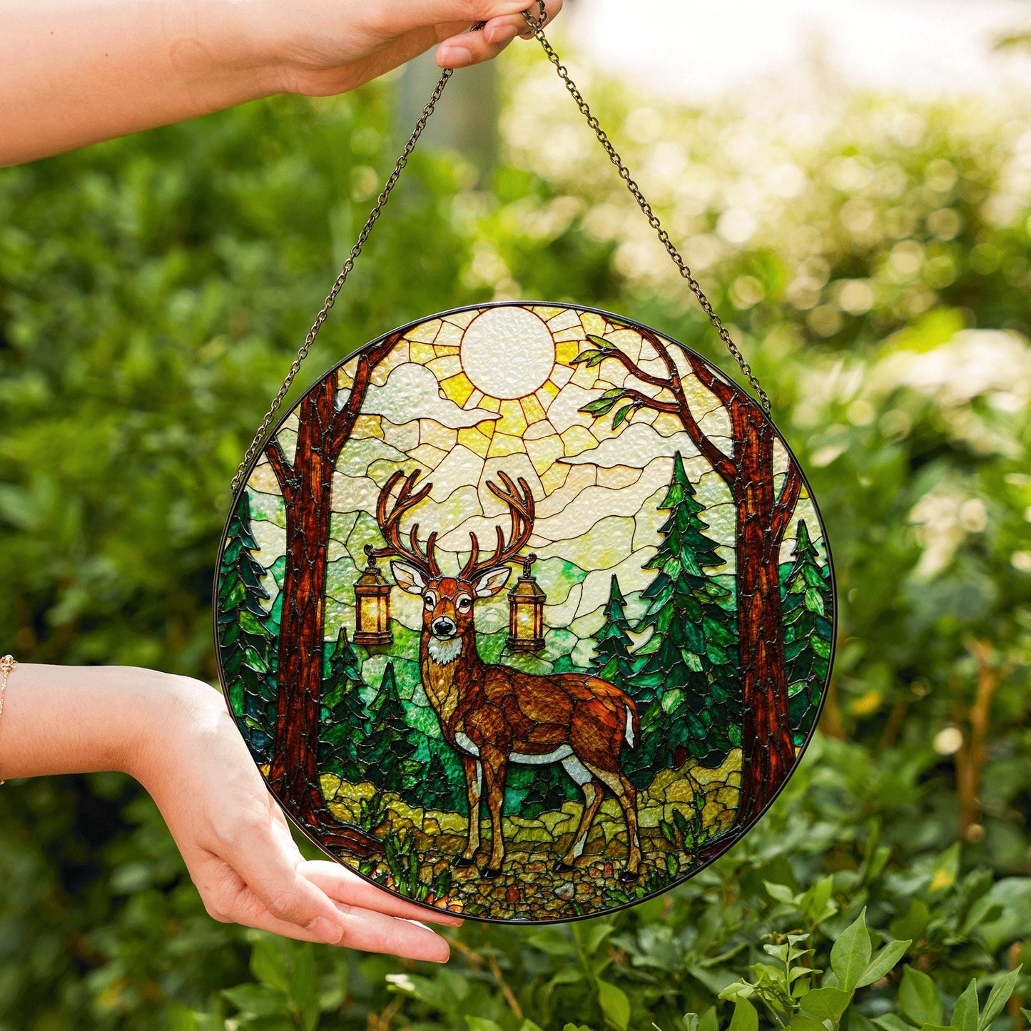 Majestic deer forest stained glass round suncatcher woodland decor Christmas gift for nature lover