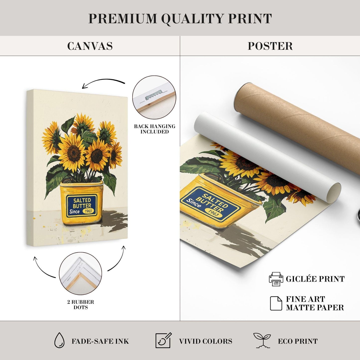 Sunflower Kitchen Wall Art Salted Butter Can Poster Country Floral Print Bright Yellow Farmhouse Dining Room Oil Painting Wall Art Poster