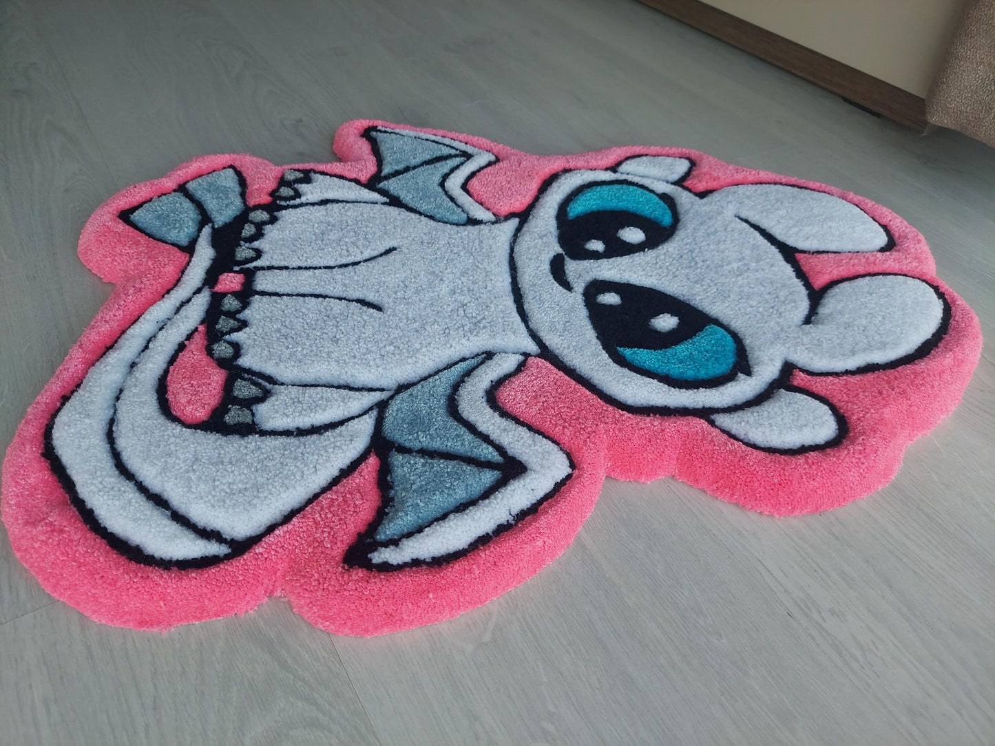 Hand Tufted Dragon Rug for Kids Room – Cute White Cartoon Dragon Mat with Blue Eyes – Soft Tufted Nursery Decor or Gift Idea