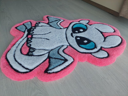 Hand Tufted Dragon Rug for Kids Room – Cute White Cartoon Dragon Mat with Blue Eyes – Soft Tufted Nursery Decor or Gift Idea