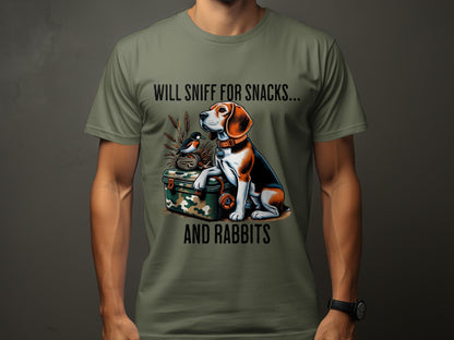 Funny Beagle T-Shirt: Will Sniff for Snacks and Rabbits