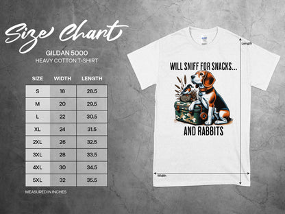 Funny Beagle T-Shirt: Will Sniff for Snacks and Rabbits