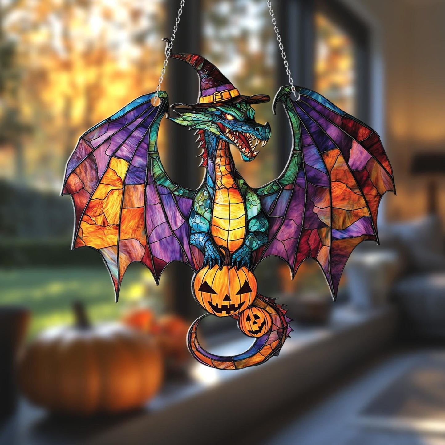 Halloween Dragon Window Hanging, Spooky Gothic Fantasy Decor, Witchy Pumpkin Fall Accent, Haunted House Autumn Party Decoration Gift