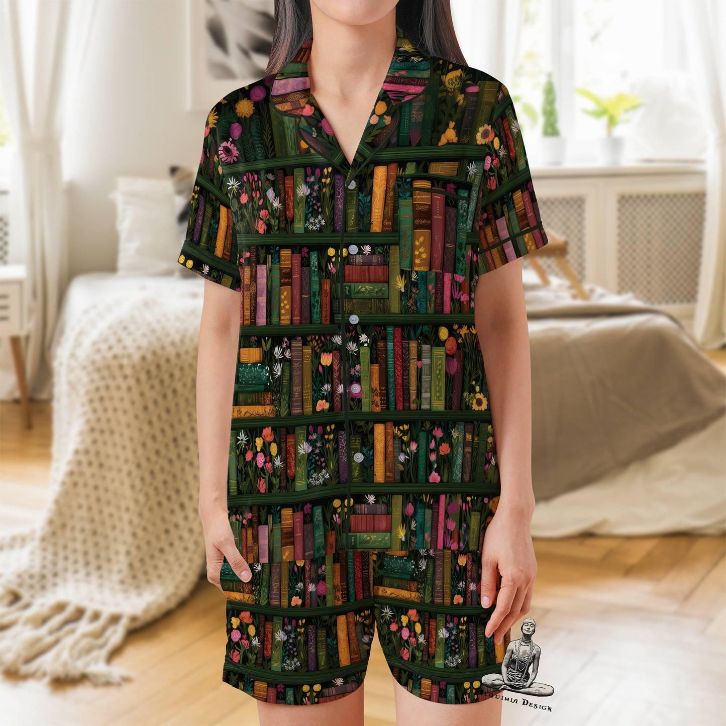Book Short Sleeves Pajama Set, Book Lover Woman's Satin Pajama Reader Gift Pajamas Short Sleeve Shorts