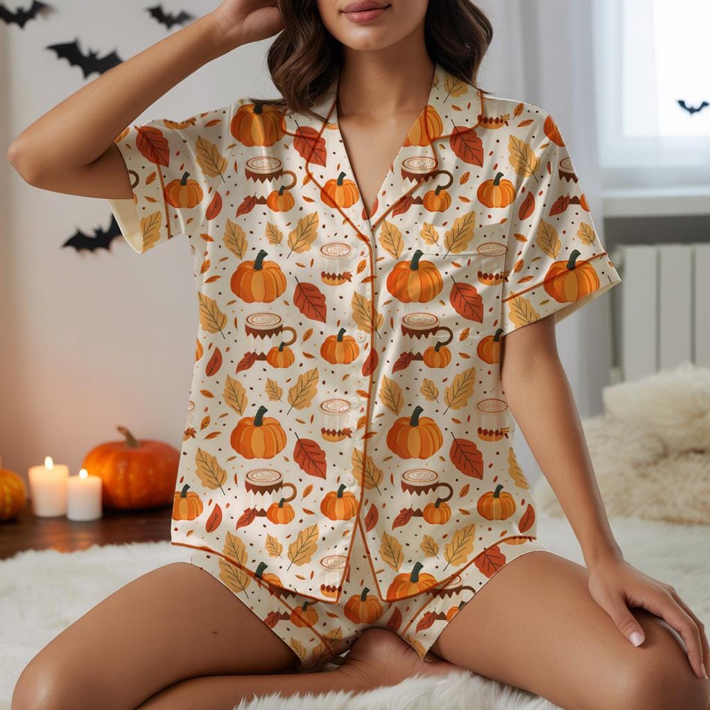 Cozy Fall Aesthetic Satin Pajamas, Cozy Season Pajamas Set, Autumn Pajamas, Cozy Fall Christmas Pajamas, Gift For Her, Birthday Gift