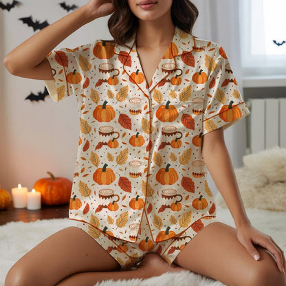 Cozy Fall Aesthetic Satin Pajamas, Cozy Season Pajamas Set, Autumn Pajamas, Cozy Fall Christmas Pajamas, Gift For Her, Birthday Gift