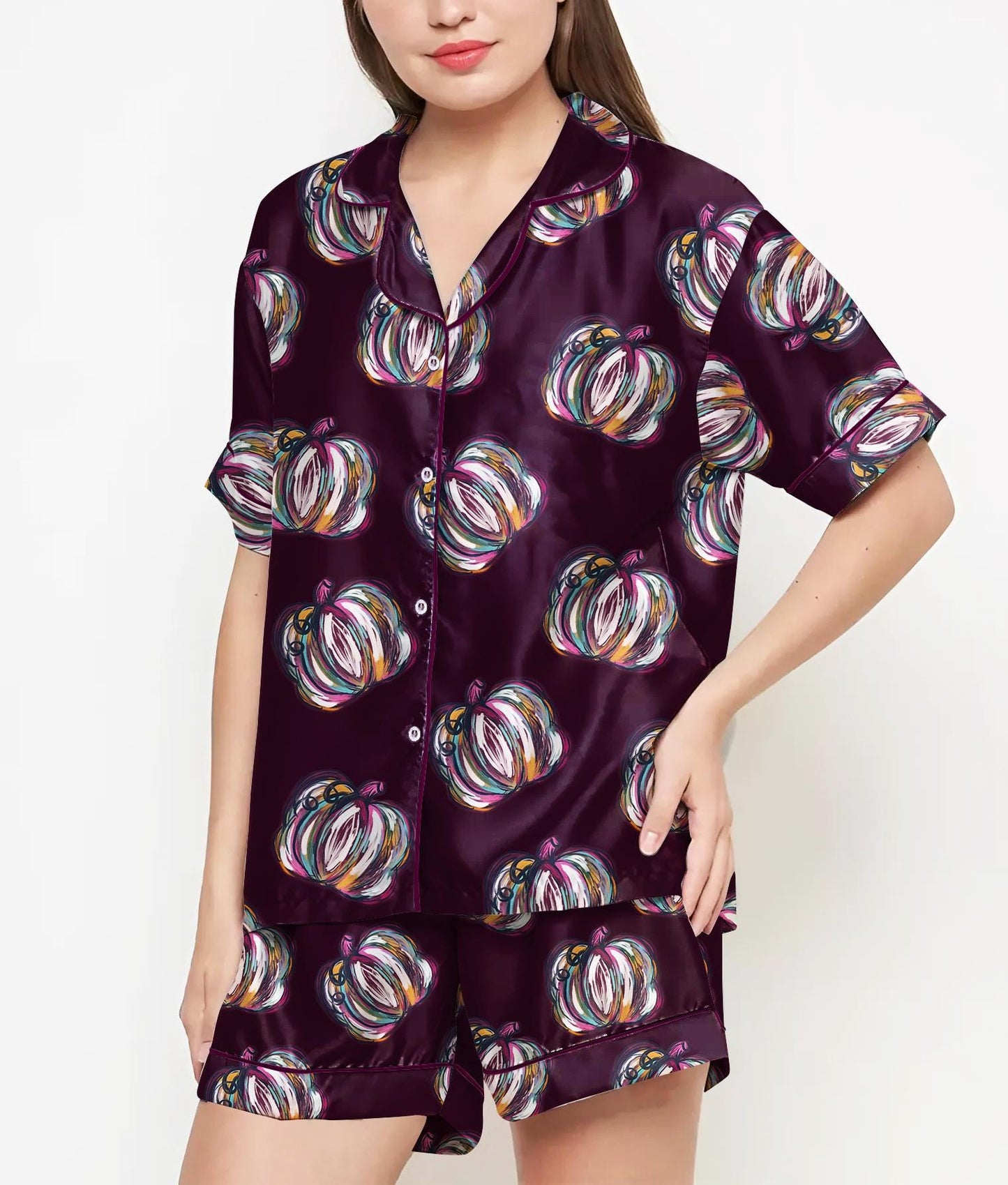 Halloween Gifts, Halloween Shirt, Watercolor Pumpkin Pajama Satin Set, Halloween Coquette, Spooky Season, Cute Fall Gift, Gift For Halloween