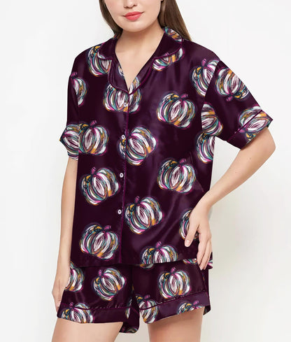 Halloween Gifts, Halloween Shirt, Watercolor Pumpkin Pajama Satin Set, Halloween Coquette, Spooky Season, Cute Fall Gift, Gift For Halloween