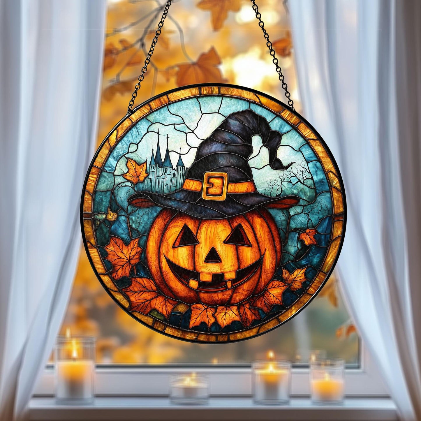 Fall Pumpkin Witch Stained Glass Suncatcher, Pumpkin Fall Vibes Window Hanging Decor, Charming Pumpkin Suncatcher, Fall Suncatcher Decor