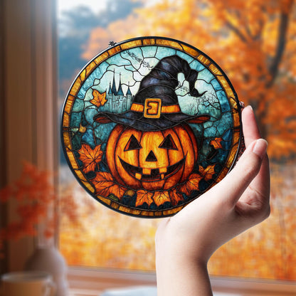 Fall Pumpkin Witch Stained Glass Suncatcher, Pumpkin Fall Vibes Window Hanging Decor, Charming Pumpkin Suncatcher, Fall Suncatcher Decor
