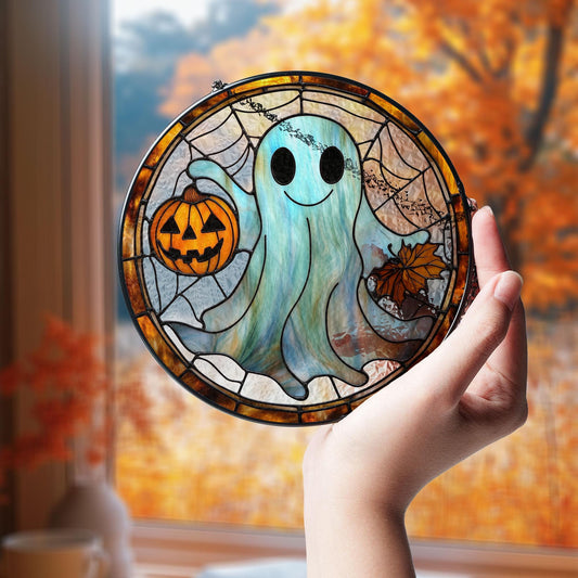 Cute Ghost Stained Glass Suncatcher – Smiling Halloween Suncatcher with Pumpkin & Fall Leaves, Spooky but Sweet Autumn Window Decor