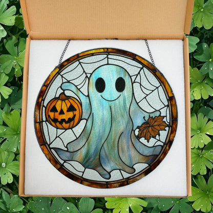 Cute Ghost Stained Glass Suncatcher – Smiling Halloween Suncatcher with Pumpkin & Fall Leaves, Spooky but Sweet Autumn Window Decor