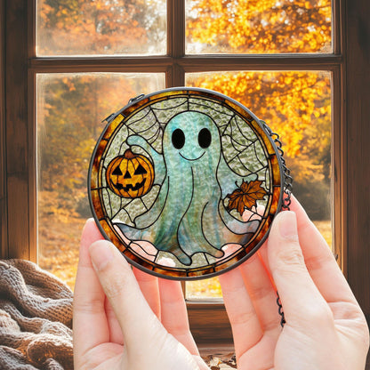 Cute Ghost Stained Glass Suncatcher – Smiling Halloween Suncatcher with Pumpkin & Fall Leaves, Spooky but Sweet Autumn Window Decor