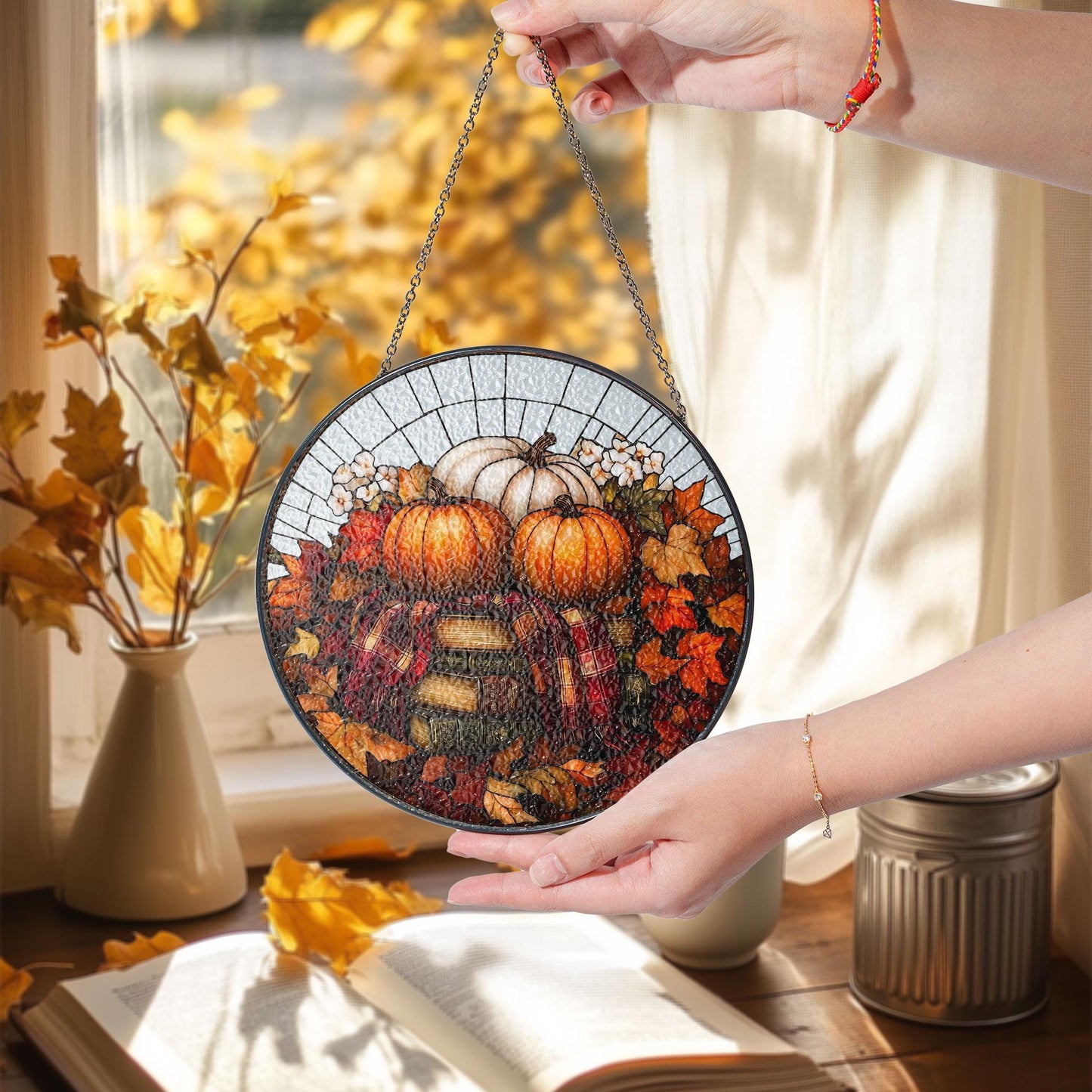 Pumpkin Books Stained Glass Decor, Cozy Fall Suncatcher with Leaves & Plaid, Thanksgiving Rustic Decor for Autumn Home or Reading Nook
