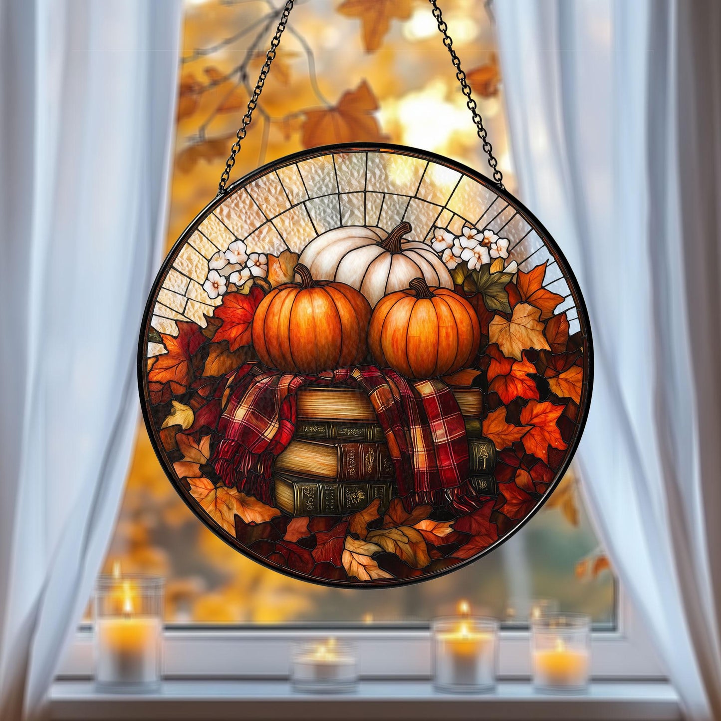 Pumpkin Books Stained Glass Decor, Cozy Fall Suncatcher with Leaves & Plaid, Thanksgiving Rustic Decor for Autumn Home or Reading Nook