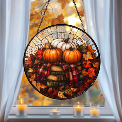 Pumpkin Books Stained Glass Decor, Cozy Fall Suncatcher with Leaves & Plaid, Thanksgiving Rustic Decor for Autumn Home or Reading Nook