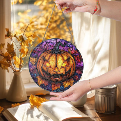 Halloween Pumpkin Stained Glass Suncatcher – Spooky Jack-O’-Lantern Window Hanging Decor or Gift, Glowing Fall Accent for Haunted Home
