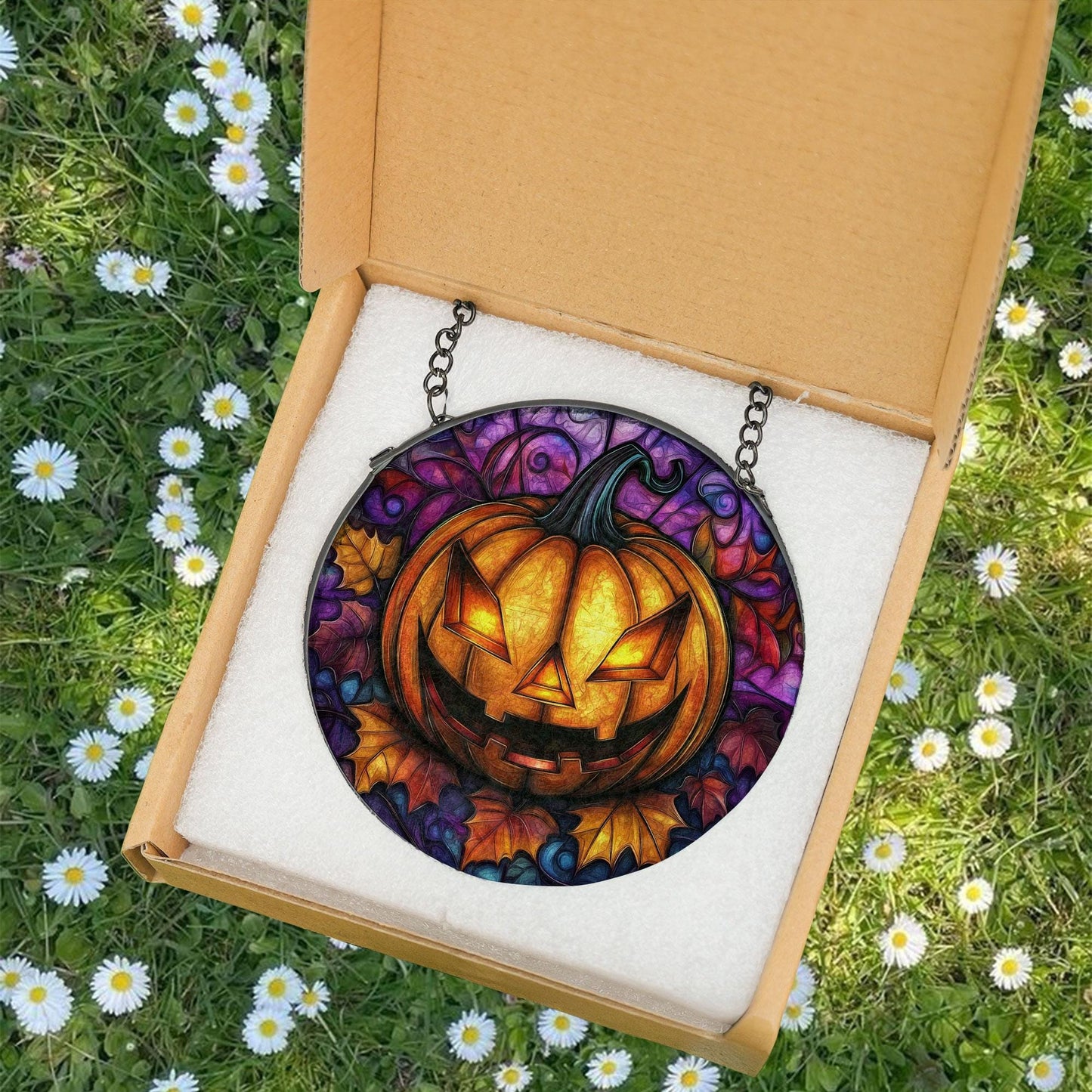 Halloween Pumpkin Stained Glass Suncatcher – Spooky Jack-O’-Lantern Window Hanging Decor or Gift, Glowing Fall Accent for Haunted Home