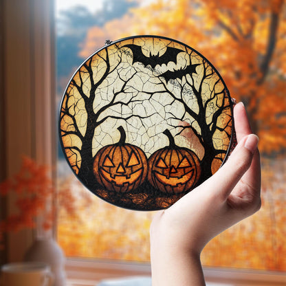 Halloween Jack-O’-Lantern Pumpkin Stained Glass – Spooky Tree & Bat Window Hanging, Gothic Fall Suncatcher for Haunted House or Autumn Decor