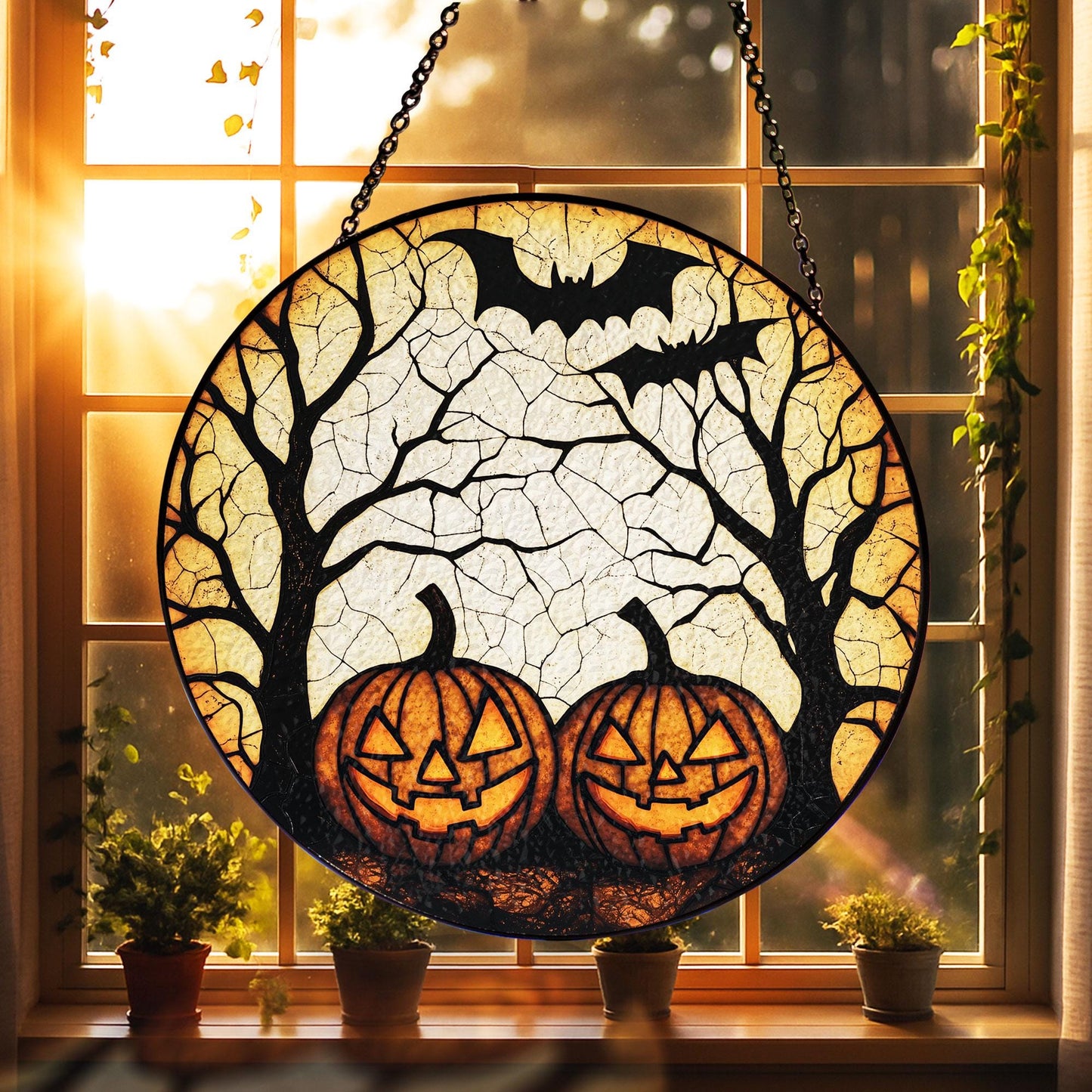 Halloween Jack-O’-Lantern Pumpkin Stained Glass – Spooky Tree & Bat Window Hanging, Gothic Fall Suncatcher for Haunted House or Autumn Decor