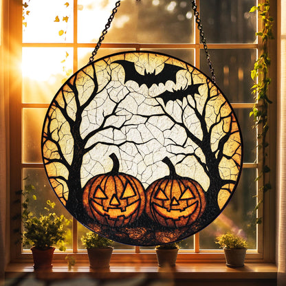 Halloween Jack-O’-Lantern Pumpkin Stained Glass – Spooky Tree & Bat Window Hanging, Gothic Fall Suncatcher for Haunted House or Autumn Decor