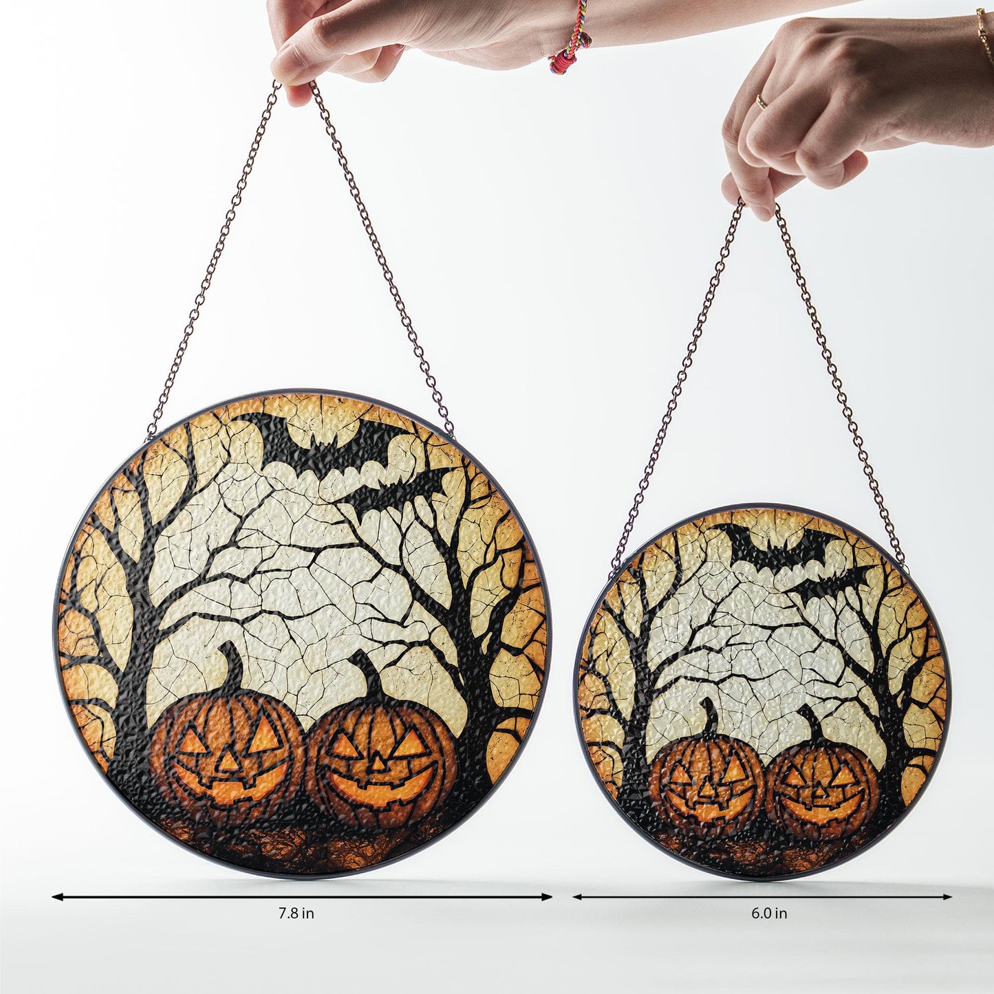 Halloween Jack-O’-Lantern Pumpkin Stained Glass – Spooky Tree & Bat Window Hanging, Gothic Fall Suncatcher for Haunted House or Autumn Decor