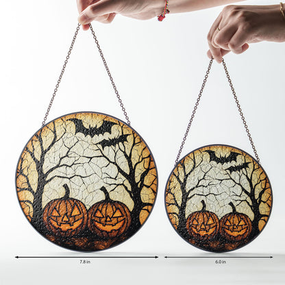 Halloween Jack-O’-Lantern Pumpkin Stained Glass – Spooky Tree & Bat Window Hanging, Gothic Fall Suncatcher for Haunted House or Autumn Decor