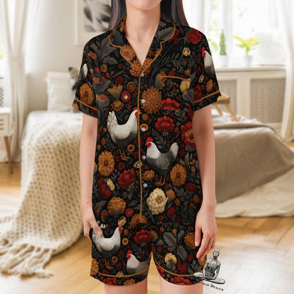 Chicken Short Sleeves Pajama Set, Farm Animal Lover Woman's Satin Pajama Reader Gift Pajamas Short Sleeve Shorts