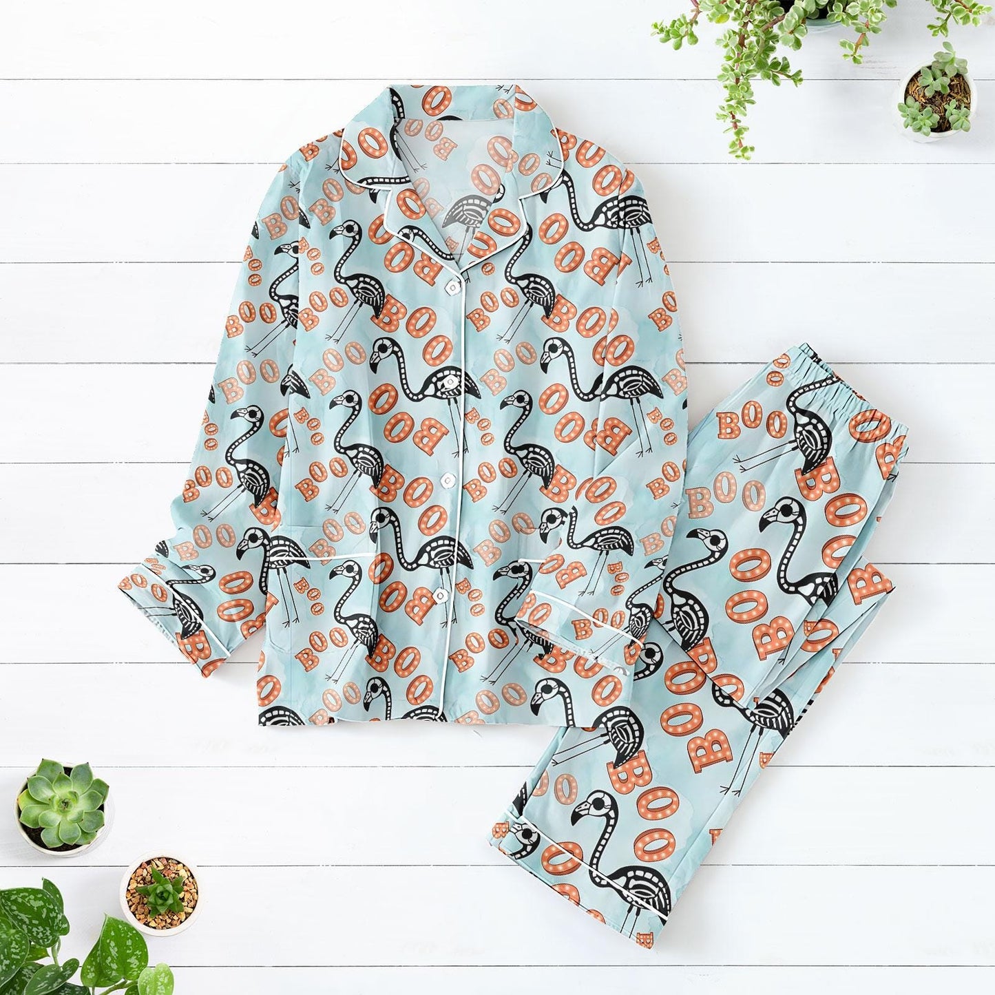 Flamingo Skeleton Pajamas Set, Funny Halloween Sleepwear For Women, Spooky Bird Print Matching Pajamas Family, Cute Flamingo Boo Pajama