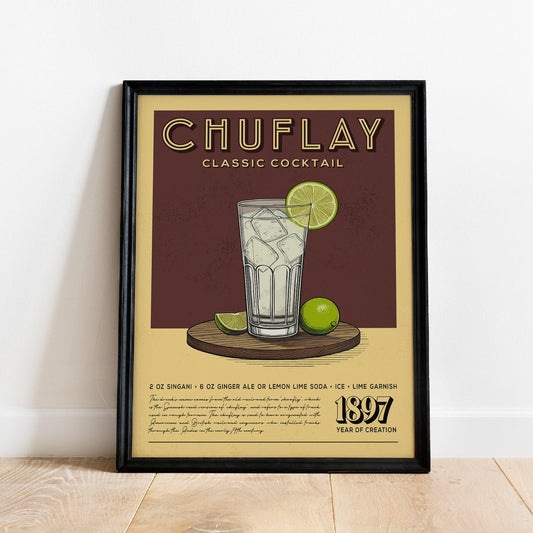 Bolivian Chuflay Cocktail Poster, Mid Century Modern Bolivian Chuflay Cocktail Print | Bar Cart Prints | Vintage Cocktail Print for Bar Cart